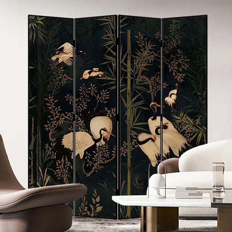 Minimalist Opaque Fold-up Screen Divider with Natural Wood Frame, 4 Panels, Double Sided Print, and Independent Design