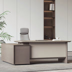 Cocoa L-Shape Timber Base Stain Resistant Desk with 1 Drawer, Cabinet, Stump Base, and Front Splash