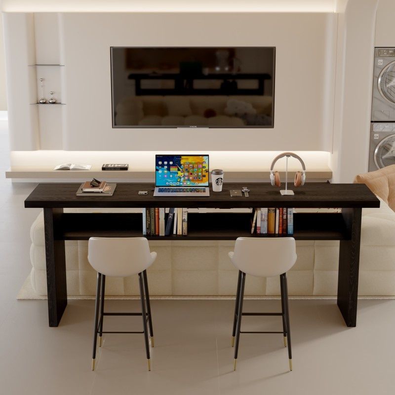 Simplistic Style Pub Table with Lumber Top and Two-sided Pedestal Base in Ink, Featuring Container Storage and Rectangle Shape