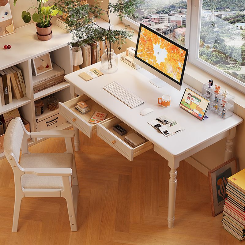 Modern Rectangular Natural Wood Writing Table in Gray/Chalk/Unfinished Color with Drawers