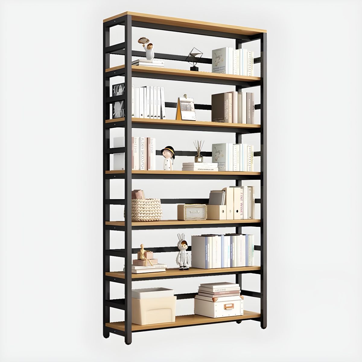 Modern Metal Display Stand with Wooden Shelves and Open Storage