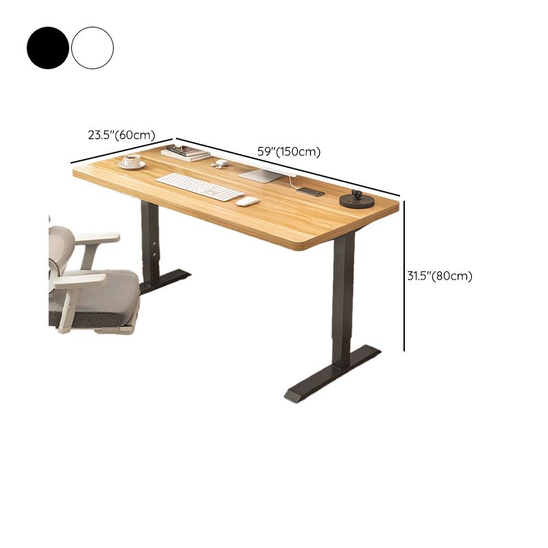 Modern Rectangular Height-Adjustable Laminate Desk in Midnight Black/Chalk/Light Brown with Cable Management and Hand-Operated Office Computer Desk