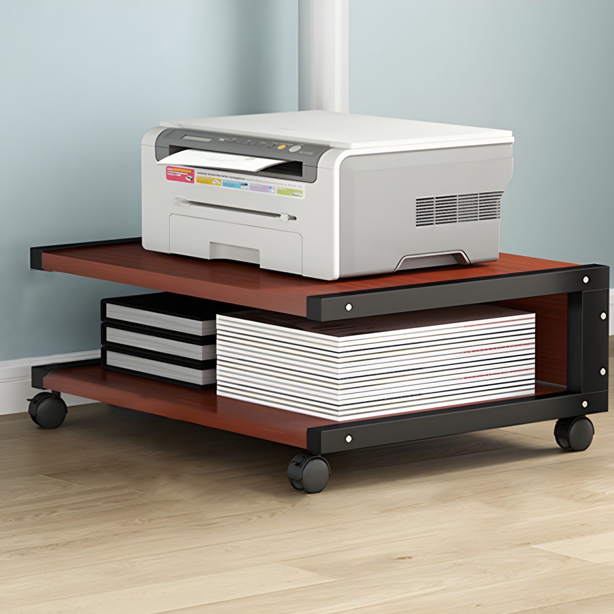 Ultra-Functional Compact Printer Stand with Locking Casters, Wood Material, Limited Warranty