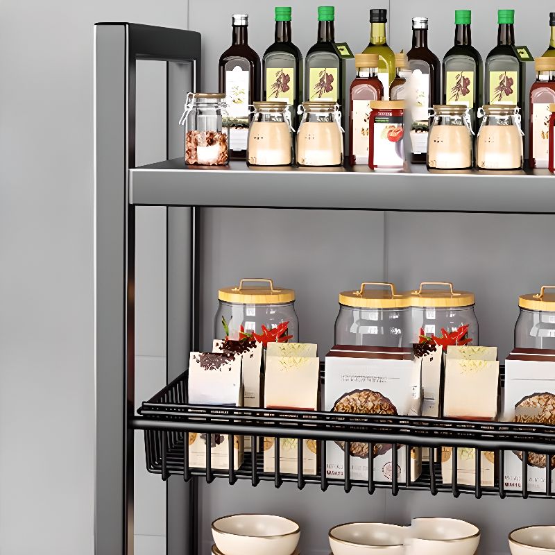 Rectangle Portable Center with Wheels, Alloy Countertop, Adjustable Shelves, Open Storage, and Basket in Black