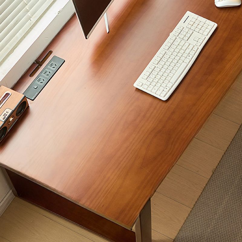 Casual Writing Desk with Built-in Outlets, Rust Resistant Sleigh Base, and Ink/Light Brown/Natural Pine Wood Top
