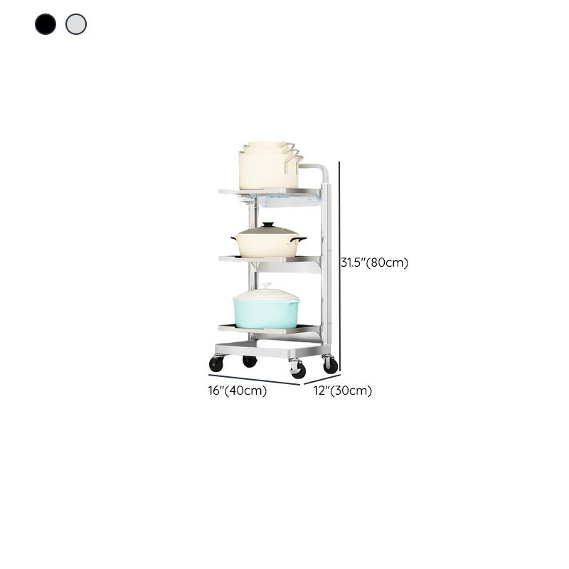 Modish Rectangle Portable Center with Wheels, Metal Countertop, Adjustable Shelves, and Silver Open Storage