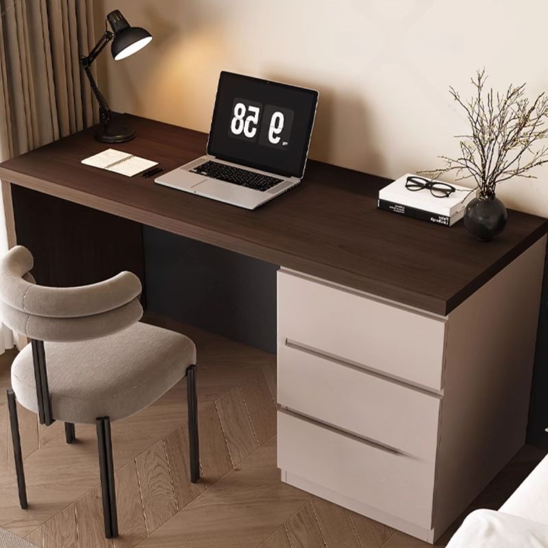 Trendy Rectangular Laminate Writing Table in Midnight Black/Auburn/Cream with Drawers and Reversible Corner