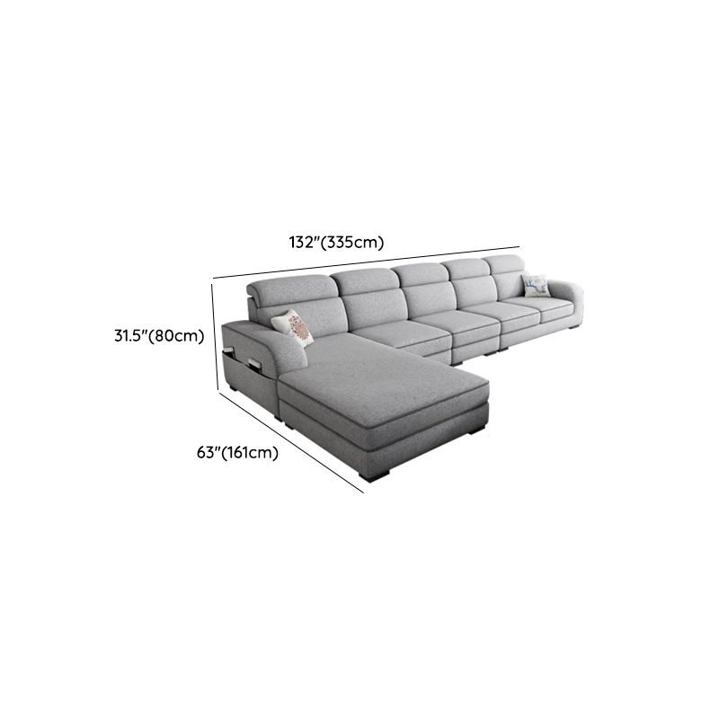 Modish Solid Color Tear Resistant Standard Sofa in Light Gray with Seats 5/Seats 4/Seats 3, Receptacle Storage, and 2 Pillows