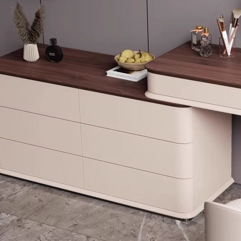 Modish Large Vanity Set with Reclaimed Wood Table Top, Cream Chair, and 8 Drawers