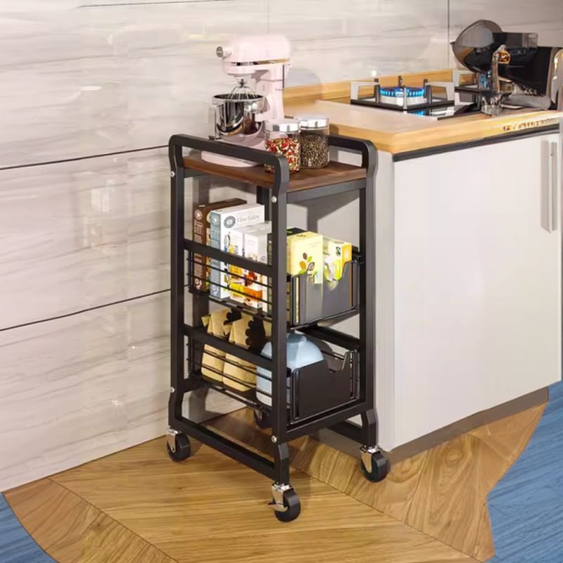 Portable Center with Wheels, Exterior Shelving, Manufactured Wood Countertop, Open Storage, Basket, 4/2 Baskets, Brown/Natural Top