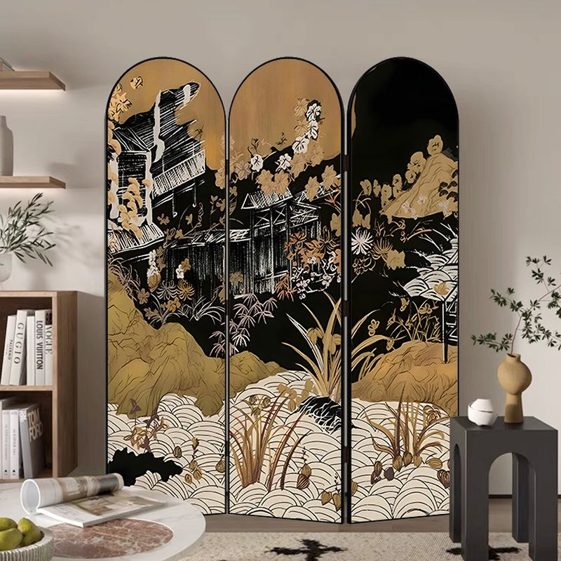 Minimalist Opaque Fold-up Screen Divider with Natural Wood Frame and 3 Panels, Double Sided Print, Independent