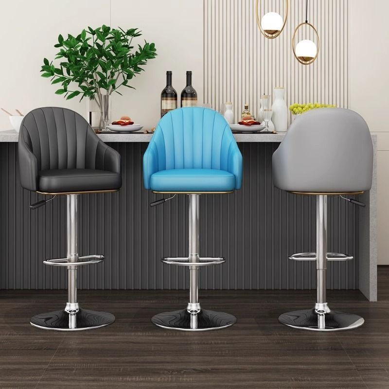 Contemporary Multi-levelled Tanned Hide Bar Stools with Arm Swivel Pail Seat