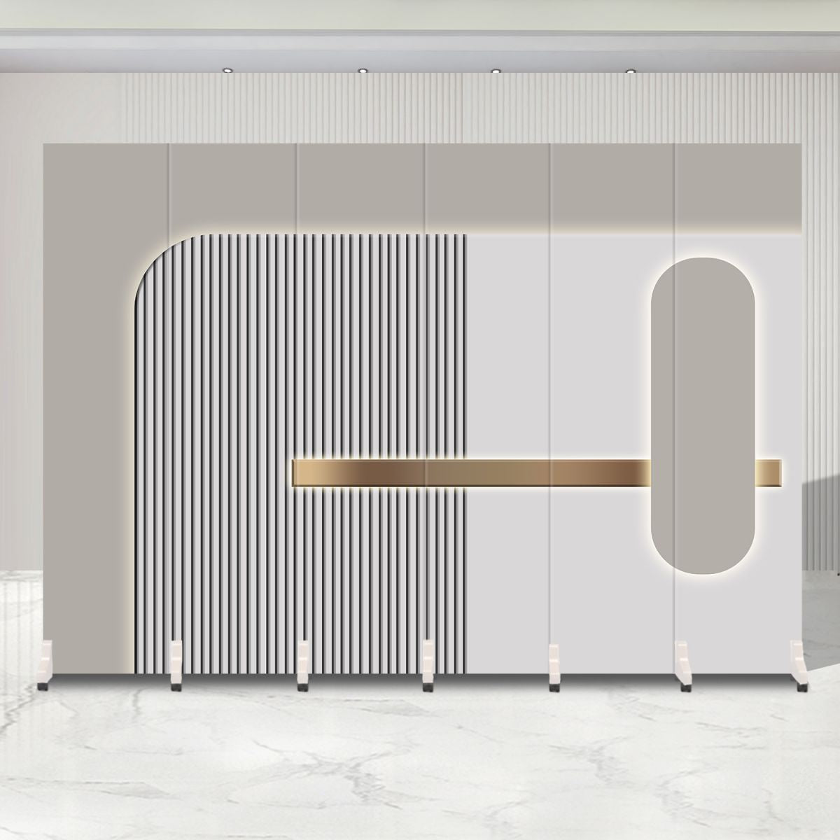 Indoor Opaque Folding Natural Wood Temporary Wall Panels with 6 Panels, Double Sided Print, and Self-supporting Design