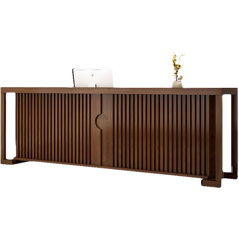 Rectangle Solid Wood Top Tan/Unfinished Color/Brown Reception Desk with Cupboard, Keyboard Tray & Filing Cabinet