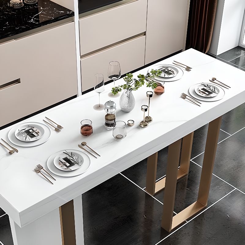Luxurious High Top Table with White Marble Top, Dual Footing, Seating for 4/6/8, Chalk Color, Rectangle Shape