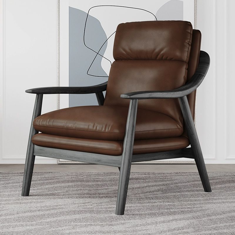 Simplistic Solid Color Arm Chair with Sewn Pillow Back in Ink/Cocoa and Arms
