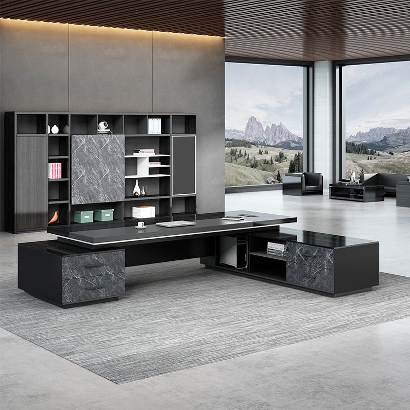 Office Desk with Cable Management, 4 Drawers, Dual-base, Exterior Shelf, CPU Storage, Ink Top, and Cooling Hole