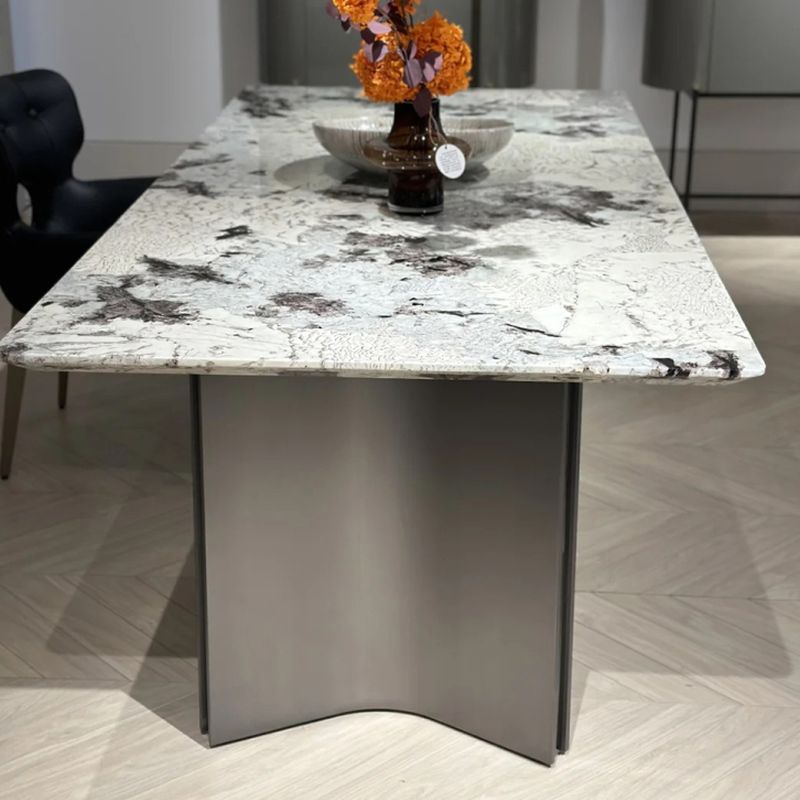 Minimalist Chalk Scratch-tolerant Fixed Marble Top Dining Table with Stainless Alloy Double Pedestal Base for 10-seater/for 6/Seating for 8