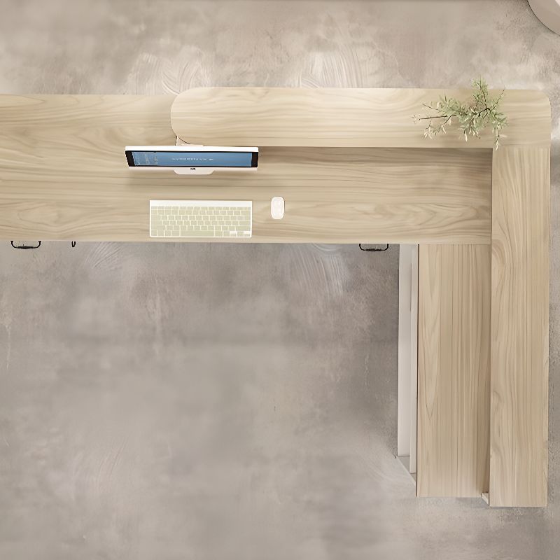 L-Shape Reception Desk with Cabinet, Hutch, Desk Return, Wood Color Top, Filing Cabinet, and Manufactured Wood Top