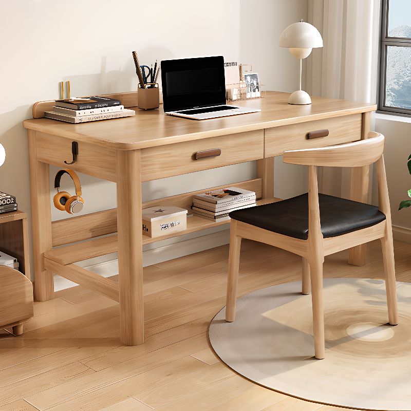 Shelving Included Timber Desk with Wear Resistance, Shelves, 2 Drawers, and H-Shape Base