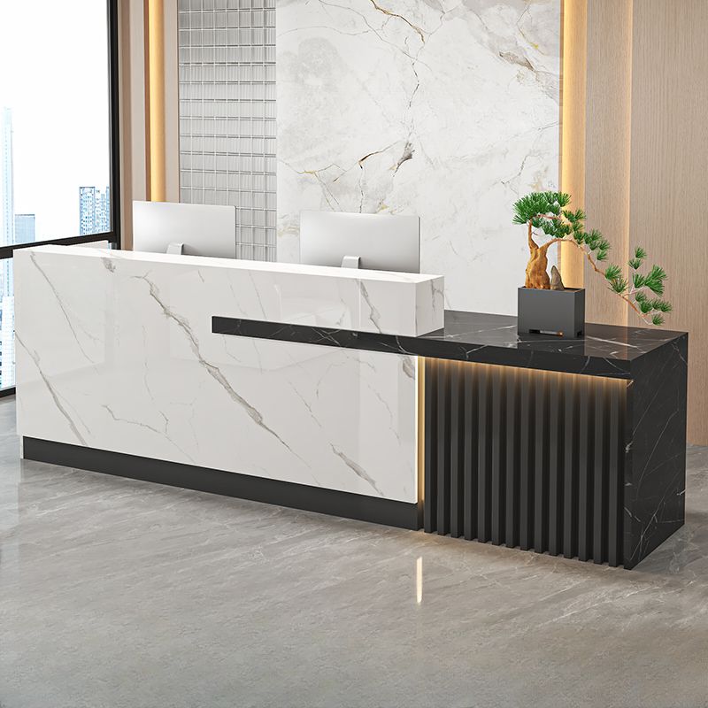 Reception Desk with 1 Cabinet, Hutch, Keyboard Tray, Cable Management, Filing Cabinet, Manufactured Wood Top, and 1 Drawer Pedestal