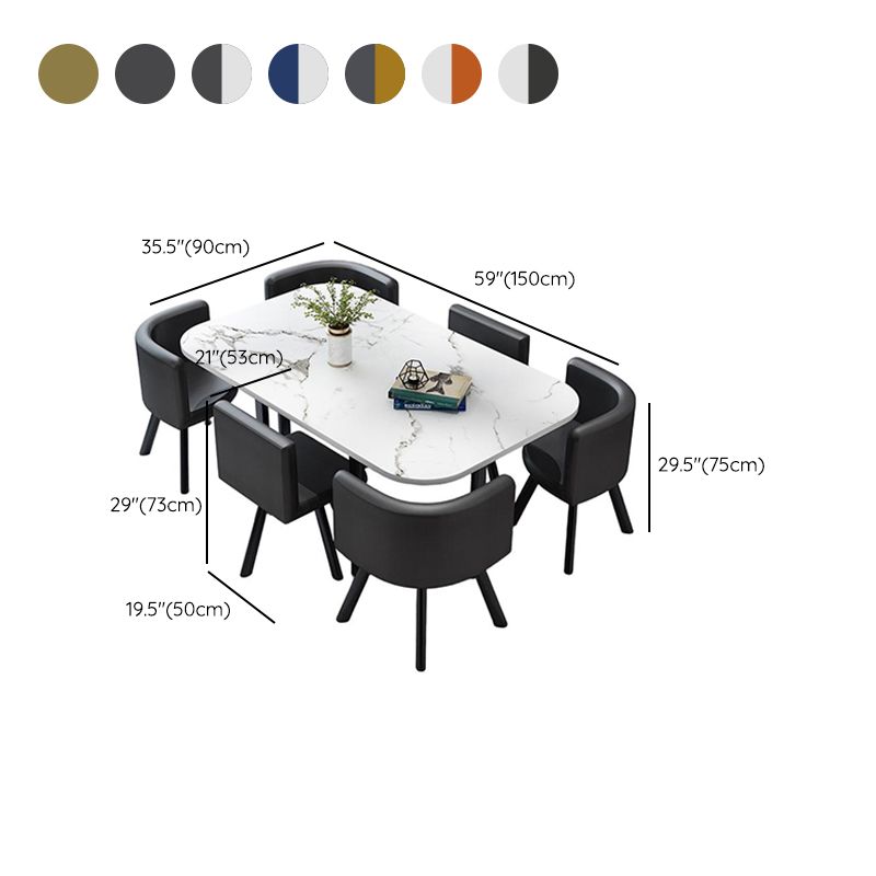 Rectangular Dining Table Set with Slate Stone Top, 4 Legs, Padded Chair, Back, 7 Piece Set in White