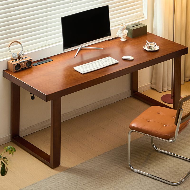 Casual Writing Desk with Built-in Outlets, Rust Resistant Sleigh Base, and Ink/Light Brown/Natural Pine Wood Top