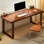 Casual Writing Desk with Built-in Outlets, Rust Resistant Sleigh Base, and Ink/Light Brown/Natural Pine Wood Top