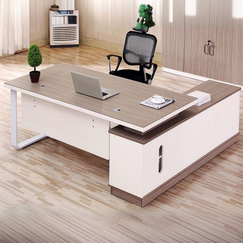 Office Desk with 3 Drawers and Stump Base, Featuring Exterior Shelf, Cable Management, Tan Top, Front Splash, and Cooling Hole