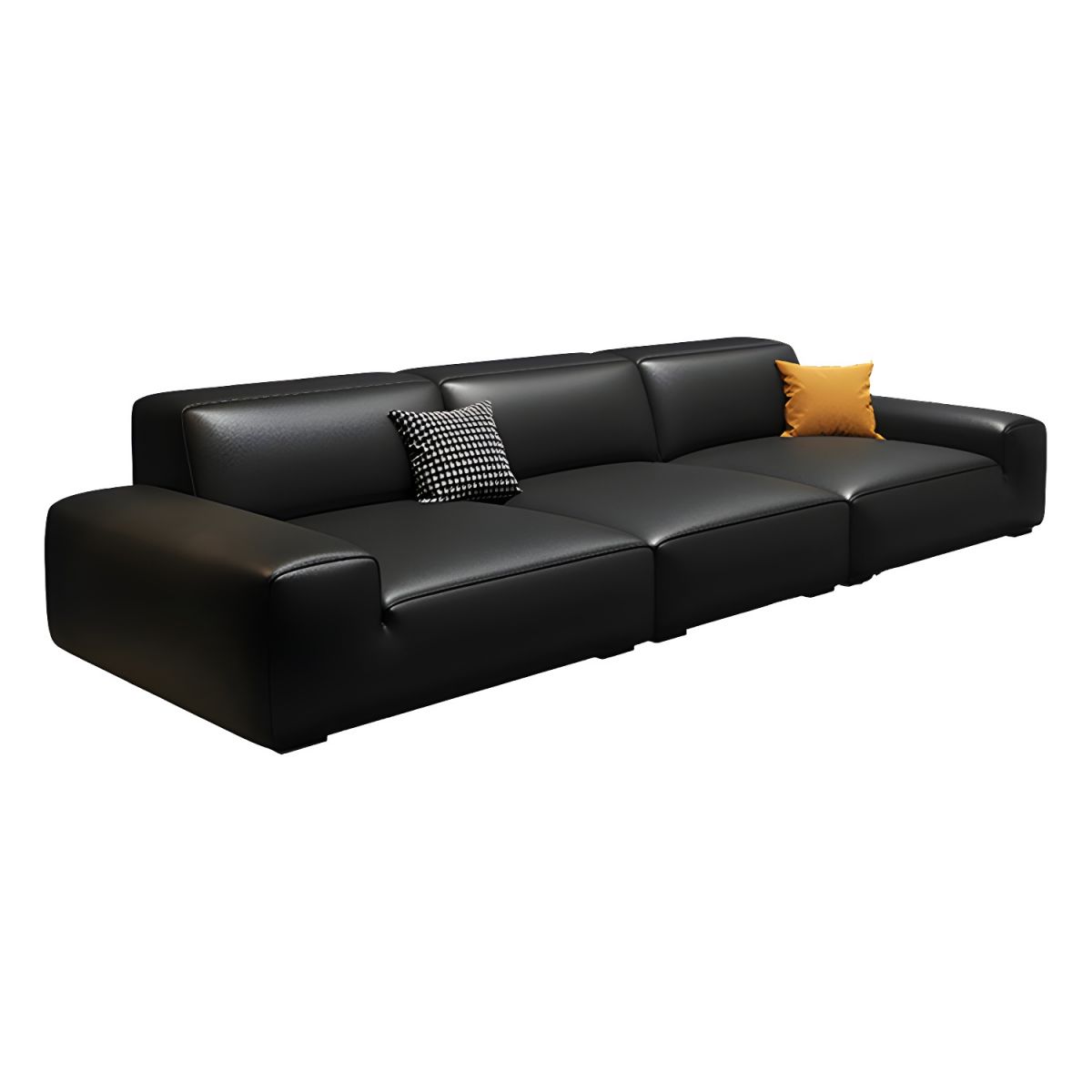 Extra Long Black Leather Sofa with Stain Resistant Feature and Two Pillows