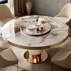 Glam Circular-shaped Dining Table with Antique Brass Pedestal Base, Turntable Mechanism, and Thermal Resistant Marble Slab for Seating 12/10/8