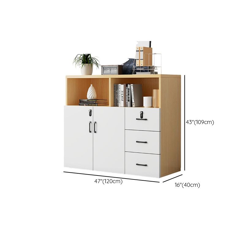 Natural Finish Manufactured Wood Supplies Cabinet with Shelves, Drawers, Locker, Locking Door, and 5-Wide/4-Wide/3-Wide Compartments