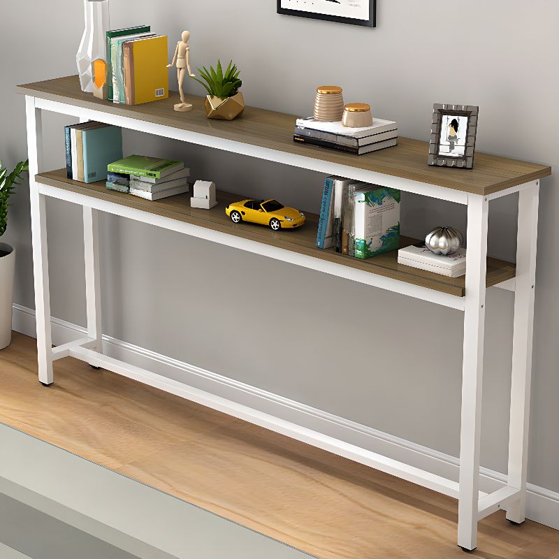Simplistic Pub Table with Composite Wood Top, Trestle Base, Smoke/White/Natural Finish Rectangle, and Foot Pedestal