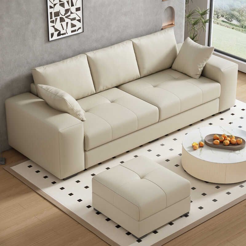 Modern Solid Color Scratch-defiant Standard Sofa in Pu with Dark Grey/Ivory/Coffee Upholstery, 4-seater/3-seater, and 2 Pillows