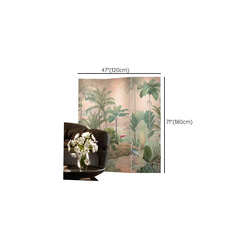 Green Opaque Fold-up Screen Divider with Natural Wood Frame, Double Sided Print, Independent