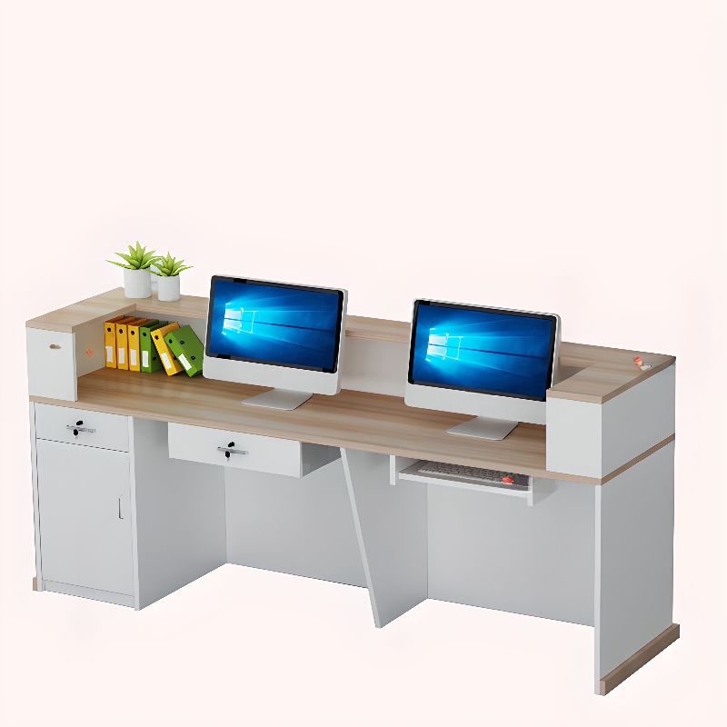 Reception Desk Rectangle with Cabinet Hutch Keyboard Tray Filing Cabinet and 2 Drawer Pedestals in Natural Finish