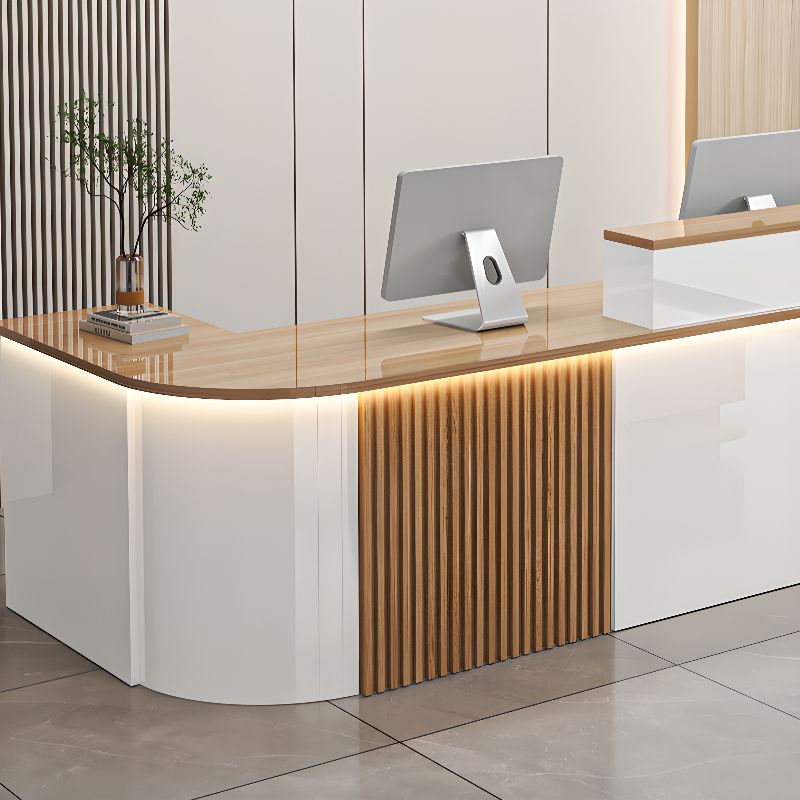 L-Shape Manufactured Wood Top Reception Desk with Hutch, Desk Return, Filing Cabinet & Keyboard Tray