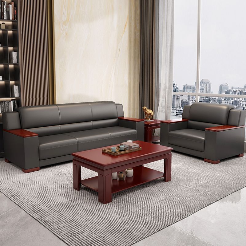 Simplistic Pleather Sofa Seating Group with Armrest in Natural Wood Finish