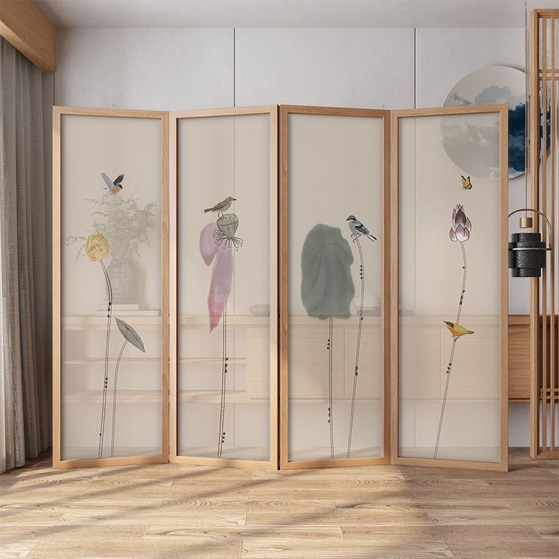 Wood Grain Minimalist Translucent Gauze Screen Divider, Fold-up with 4 Panels, and Independent
