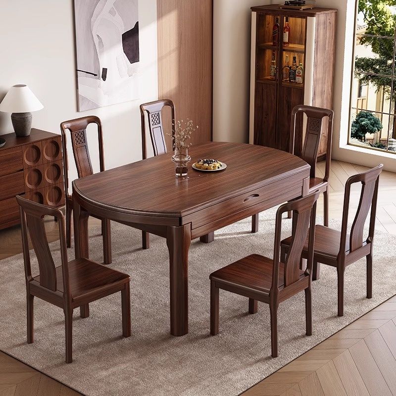 Brown Solid Wood Dining Table with Legs, Retractable Leaf, Portable for 8 People/6-person Seat with Leaf