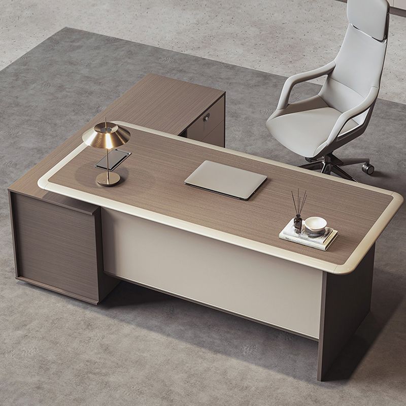 Cocoa L-Shape Timber Base Stain Resistant Desk with 1 Drawer, Cabinet, Stump Base, and Front Splash