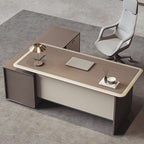Cocoa L-Shape Timber Base Stain Resistant Desk with 1 Drawer, Cabinet, Stump Base, and Front Splash