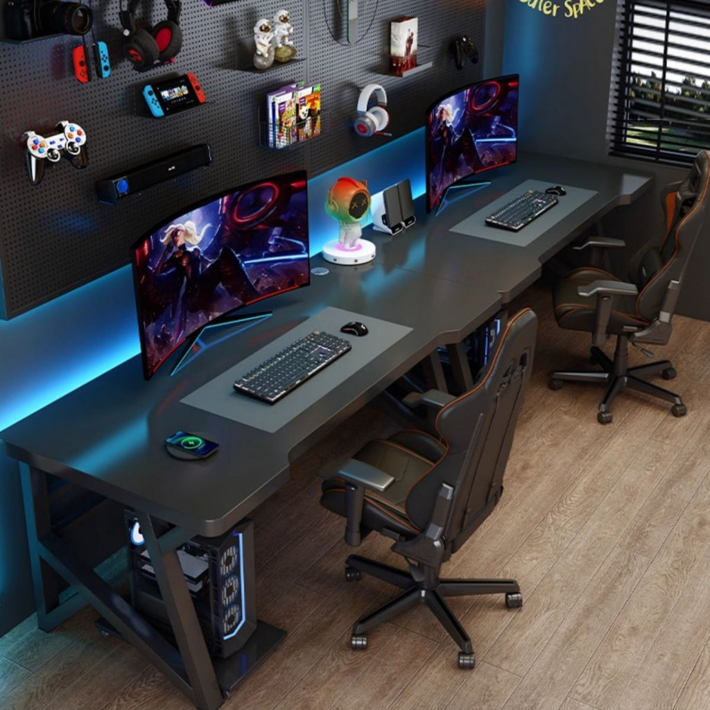 Minimalist Curved Desk with Rust Resistant Trestle Base, Independent Structure, Wire Management, and Engineered Wood Top