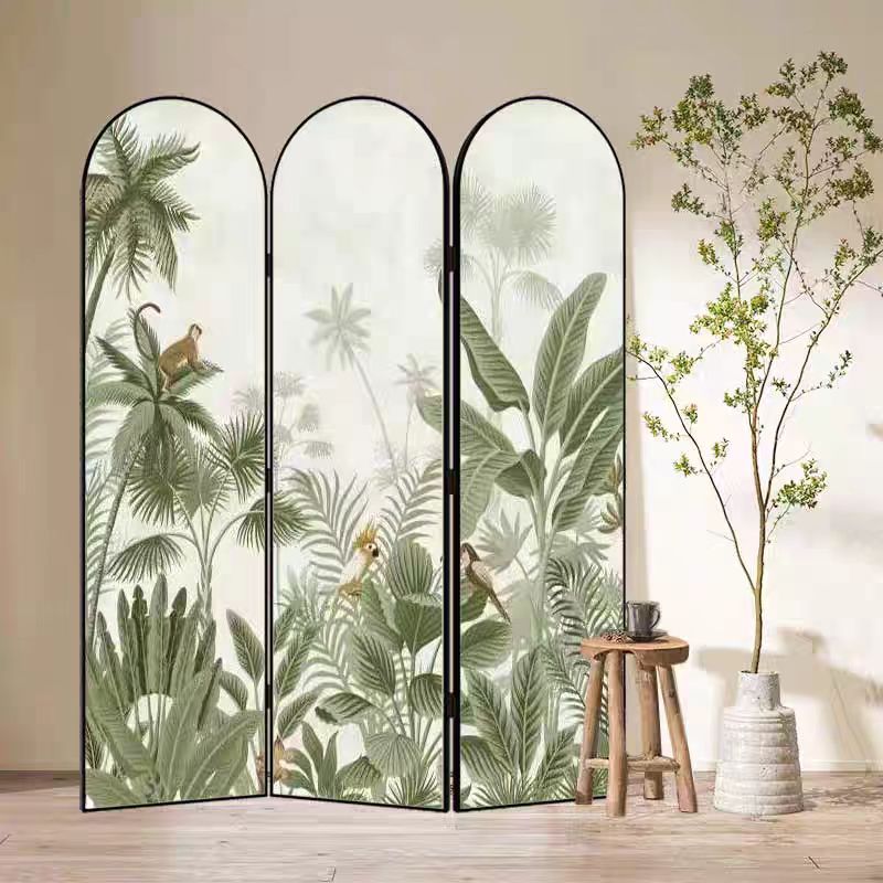 Indoor Opaque Collapsible Natural Wood Room Screen with 3 Panels, Double Sided Print, and Freestanding Design