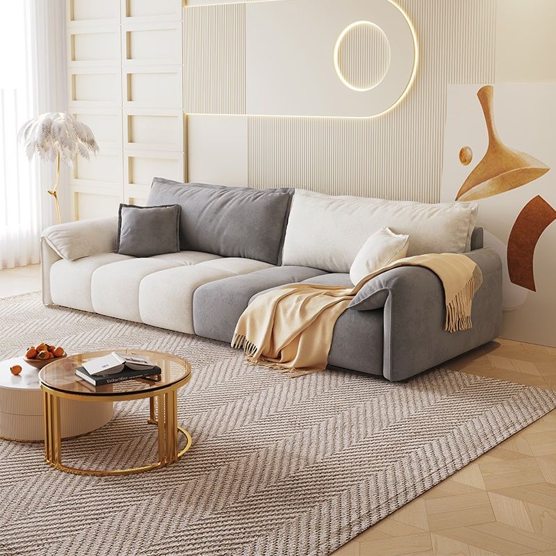Contemporary Modern Stain Resistant Solid Color Standard Sofa in Off-White/Amber Flannel, Seats 4/3 with 2 Pillows