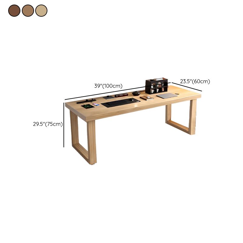 Casual Writing Desk with Built-in Outlets, Rust Resistant Sleigh Base, and Ink/Light Brown/Natural Pine Wood Top