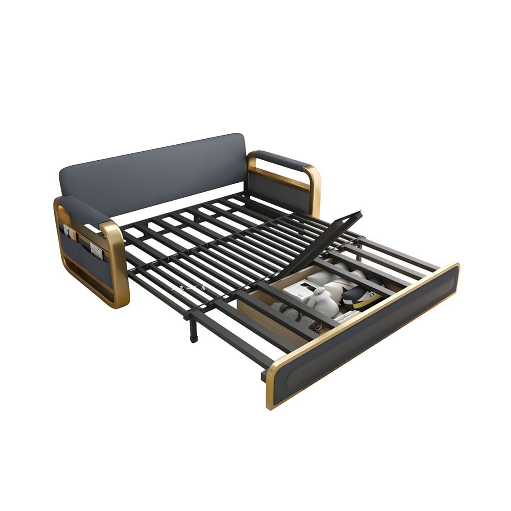 Faux Leather Metal Arm Convertible Futon Sofa Bed Tight Back Loveseat
