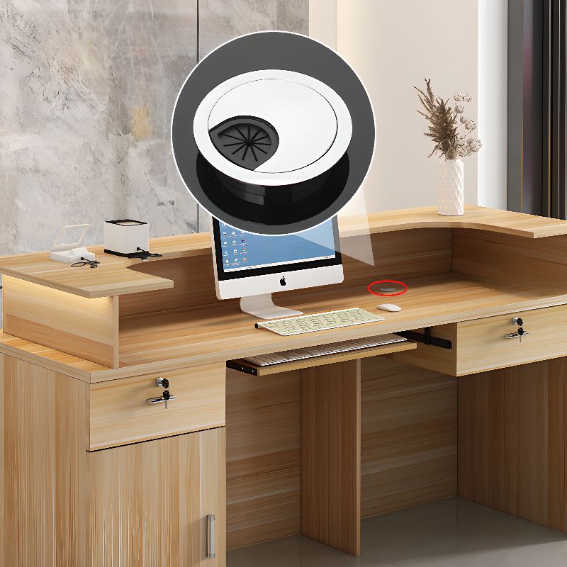 Reception Desk Rectangular with Cabinet Hutch Keyboard Tray Cable Management and Filing Cabinet, Manufactured Wood Top