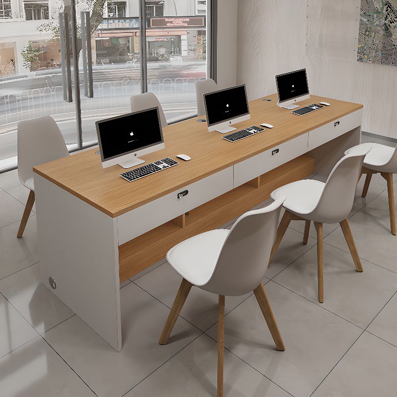 Wood Color Timber Desk with Locking Drawer/Cabinet, Scratch Resistant, 2 Drawers, 2 Cabinets, Twin Support Base, and Front Splash