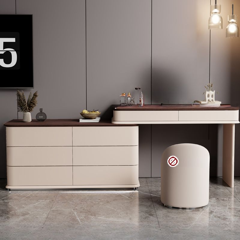 Modish Large Vanity Set with Reclaimed Wood Table Top, Cream Chair, and 8 Drawers